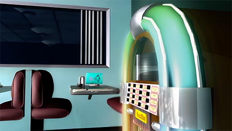 A close-up of a 3d CGI rendered jukebox in a diner